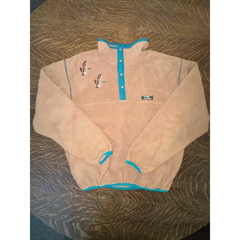 Vintage LL Bean Katahdin Snap Fleece Pullover Mens L Tan Teal Mallard Duck USA